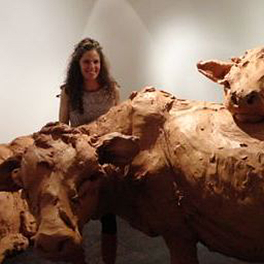 British artist Stephanie Quayle with her clay cattle installation at the T.J. Boulting Gallery during London’s Frieze week. Image: Auction Central News.